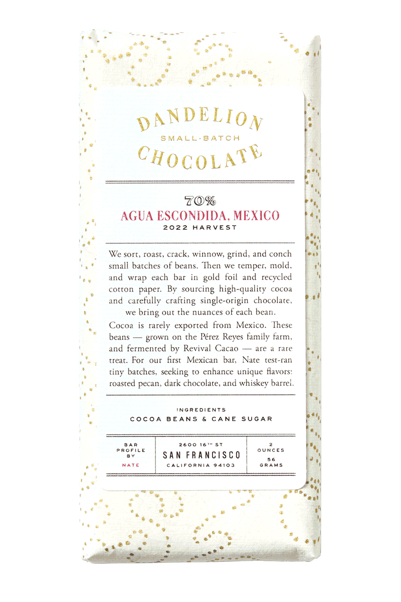 Dandelion Chocolate Chocolate Bar Agua Escondida, Mexico 70% 2022 Harvest Single-Origin Chocolate Bar