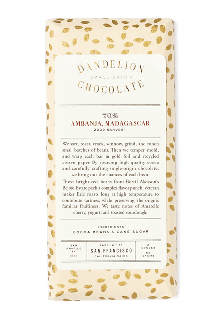 Dandelion Chocolate Chocolate Bar Ambanja, Madagascar 70% 2017 Harvest Single-Origin Chocolate Bar