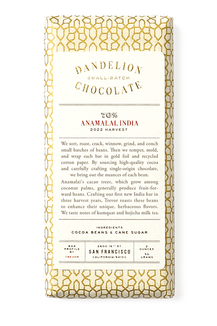 Dandelion Chocolate Chocolate Bar Anamalai, India 70% 2022 Harvest Single-Origin Chocolate Bar