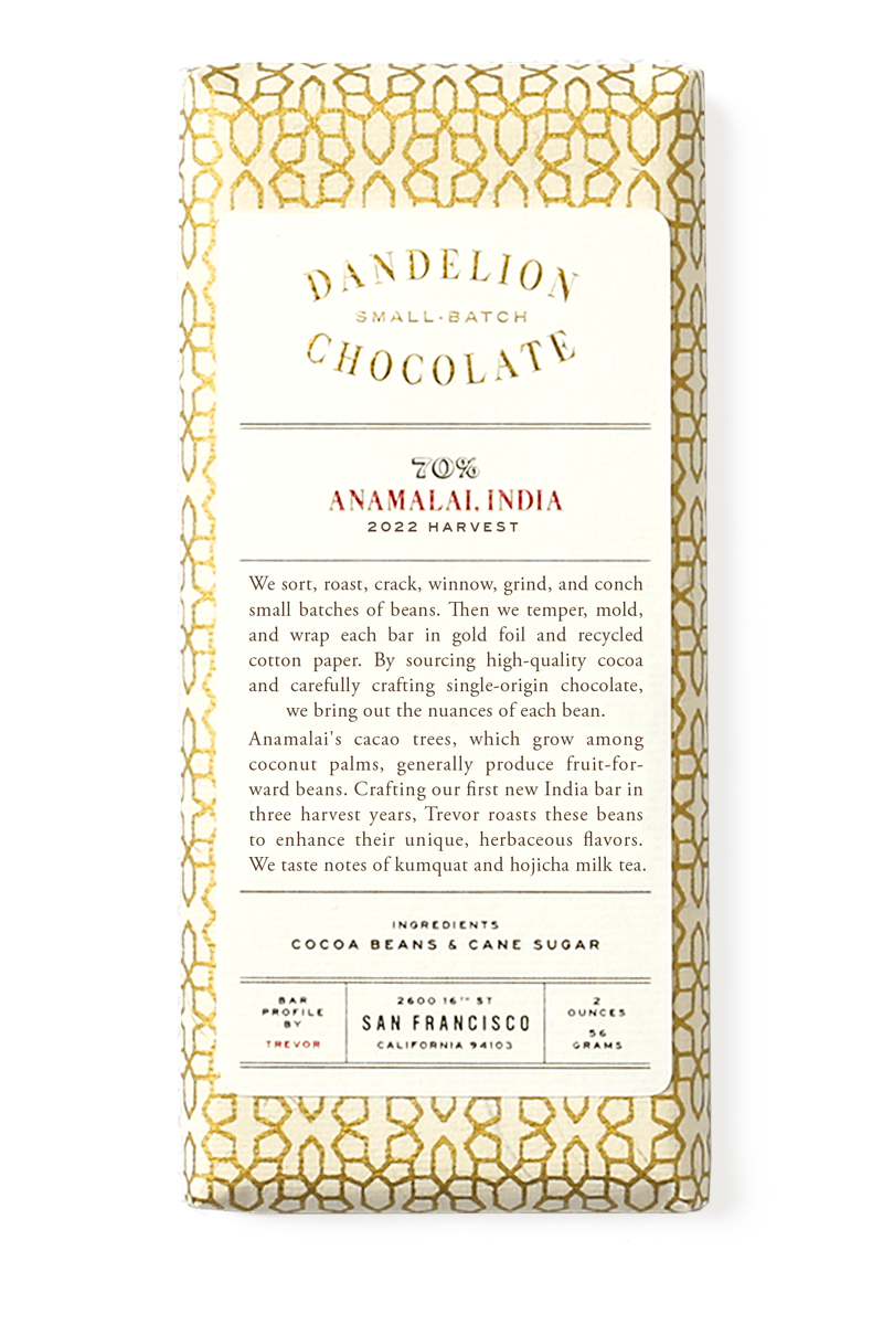 Dandelion Chocolate Chocolate Bar Anamalai, India 70% 2022 Harvest Single-Origin Chocolate Bar