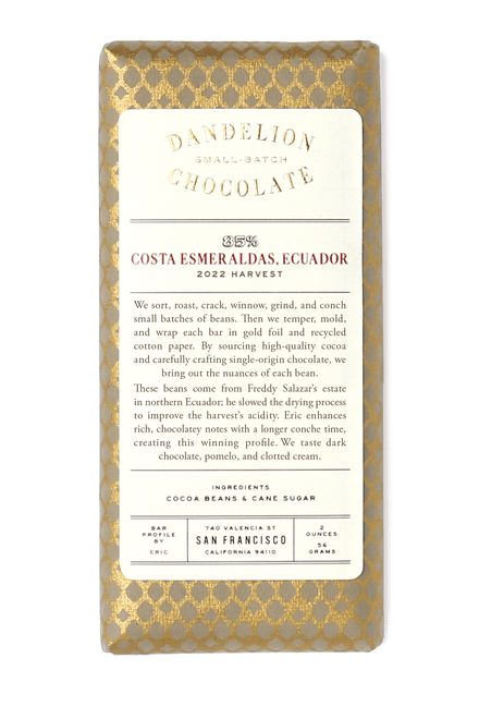 Dandelion Chocolate Chocolate Bar Costa Esmeraldas, Ecuador 85% 2022 Batch 1 Single-Origin Chocolate Bar