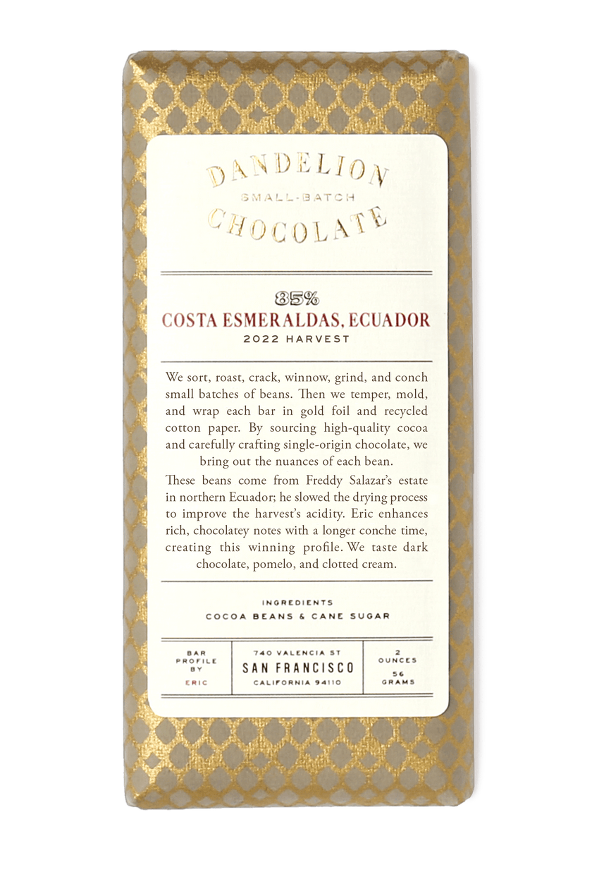 Dandelion Chocolate Chocolate Bar Costa Esmeraldas, Ecuador 85% 2022 Batch 1 Single-Origin Chocolate Bar