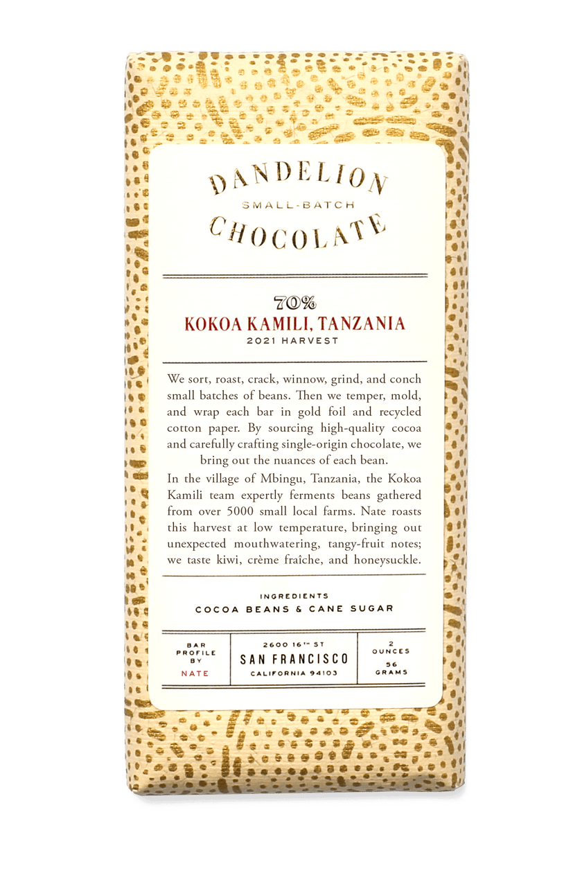 Dandelion Chocolate Chocolate Bar Kokoa Kamili, Tanzania 70% 2021 Harvest Single-Origin Chocolate Bar