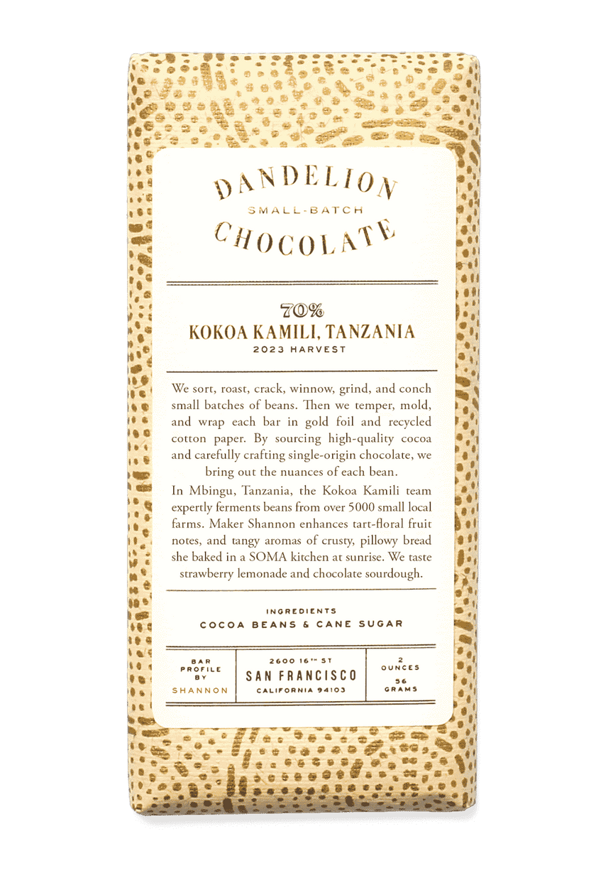 Dandelion Chocolate Chocolate Bar Kokoa Kamili, Tanzania 70% 2023 Harvest Single-Origin Chocolate Bar