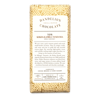 Dandelion Chocolate Chocolate Bar Kokoa Kamili, Tanzania 70% 2023 Harvest Single-Origin Chocolate Bar