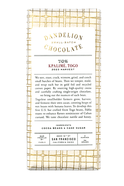 Dandelion Chocolate Chocolate Bar Kpalimé, Togo 70% 2023 Harvest Single-Origin Chocolate Bar