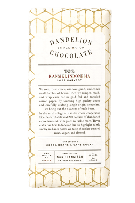 Dandelion Chocolate Chocolate Bar Ransiki, Indonesia 70% 2022 Harvest Single-Origin Chocolate Bar