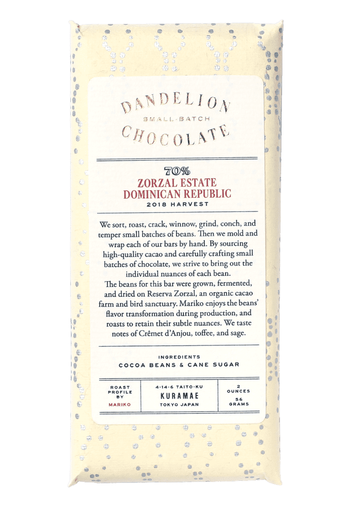 Dandelion Chocolate Japan Chocolate Bar Dandelion Chocolate Japan - Zorzal Comunitario, Dominican Republic 70% 2018 Harvest Single-Origin Chocolate Bar